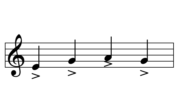 Cuatro notas con signo de acento en el pentagrama