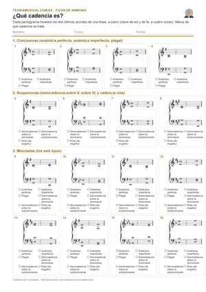 Ficha imprimible en PDF para reconocer cadencias musicales