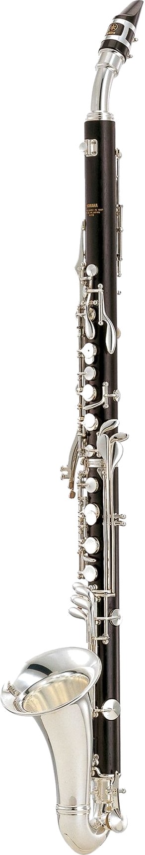 Un clarinete alto en Mi♭ con cuello curvado y campana metálica hacia arriba