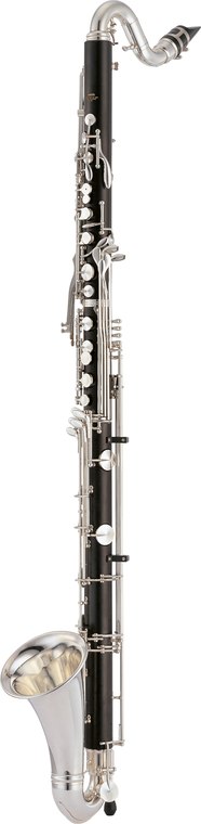 Un clarinete bajo con cuello curvado y campana metálica hacia arriba