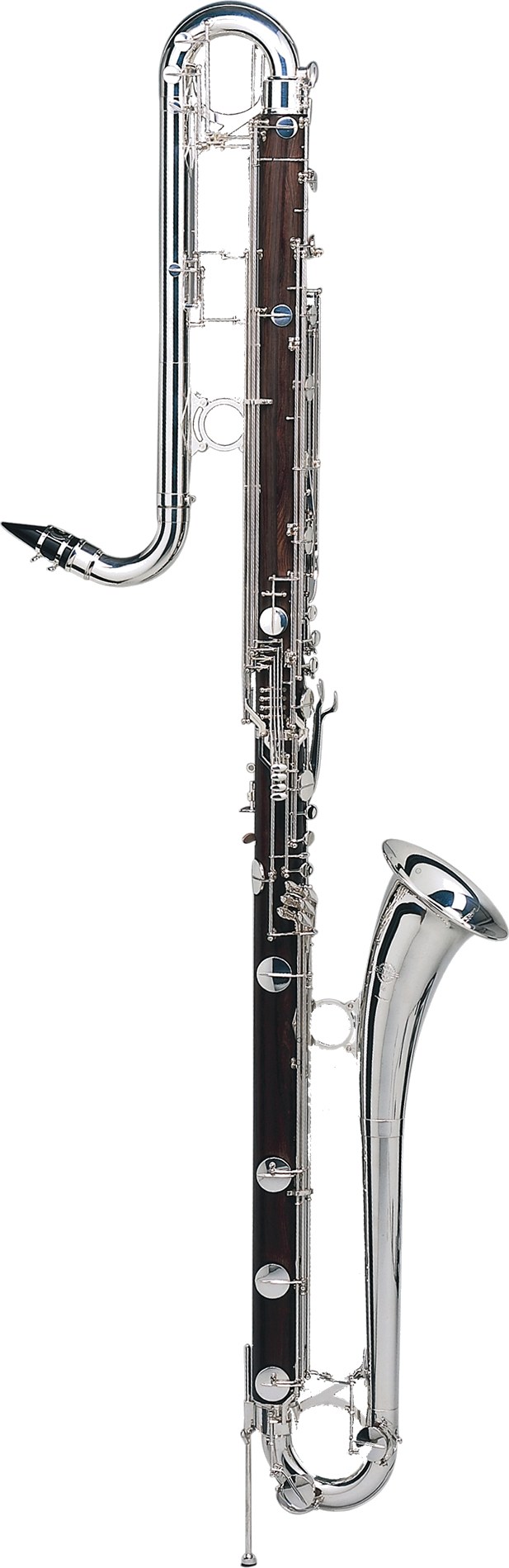 Un clarinete contrabajo en Si♭, con cuello curvado y campana metálica, mucho más grande que el clarinete bajo