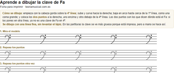 Ficha imprimible para aprender a dibujar la clave de Fa: pentagramas con la clave punteada para repasar encima