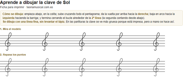 Ficha imprimible para aprender a dibujar la clave de Sol: pentagramas con la clave punteada para repasar encima