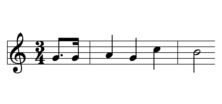 Primera frase del Cumpleaños feliz en 3/4: la anacrusa Cum-ple es una corchea con puntillo y una semicorchea antes del primer tiempo fuerte