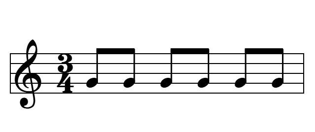 Seis corcheas en 3/4 agrupadas de dos en dos (2+2+2)