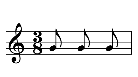 Un compás de 3/8 con tres corcheas, que representan sus tres tiempos