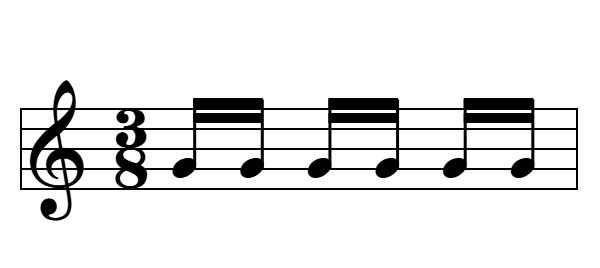 Seis semicorcheas en 3/8 agrupadas de dos en dos (2+2+2)