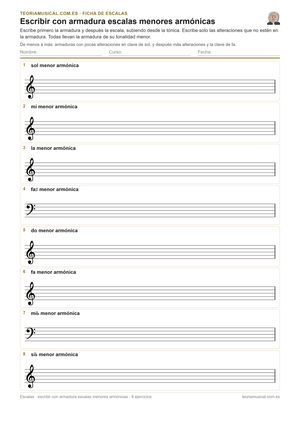 Ficha imprimible en PDF para escribir con armadura escalas menores armónicas