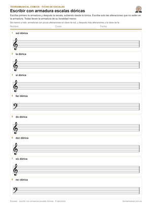 Ficha imprimible en PDF para escribir con armadura escalas dóricas