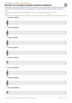 Ficha imprimible en PDF para escribir con armadura escalas menores melódicas