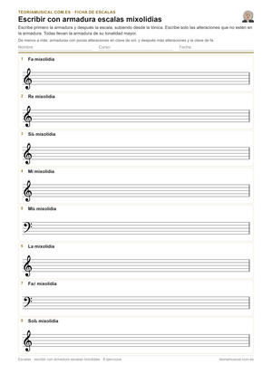Ficha imprimible en PDF para escribir con armadura escalas mixolidias