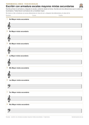 Ficha imprimible en PDF para escribir con armadura escalas mayores mixtas secundarias