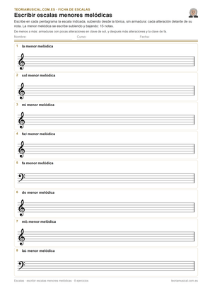 Ficha imprimible en PDF para escribir escalas menores melódicas