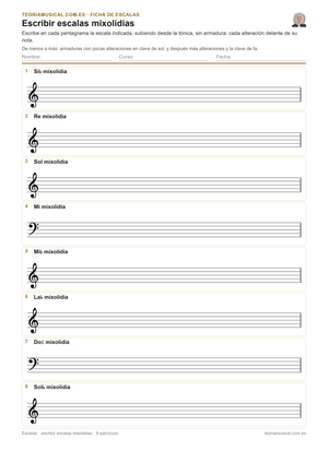 Ficha imprimible en PDF para escribir escalas mixolidias