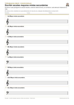 Ficha imprimible en PDF para escribir escalas mayores mixtas secundarias
