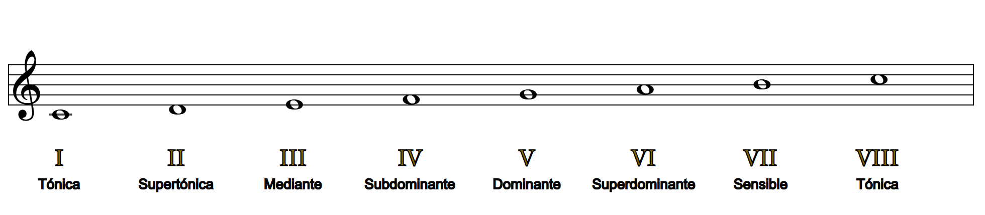 Escala de Do mayor con sus siete grados rotulados: I Tónica, II Supertónica, III Mediante, IV Subdominante, V Dominante, VI Superdominante, VII Sensible y VIII Tónica