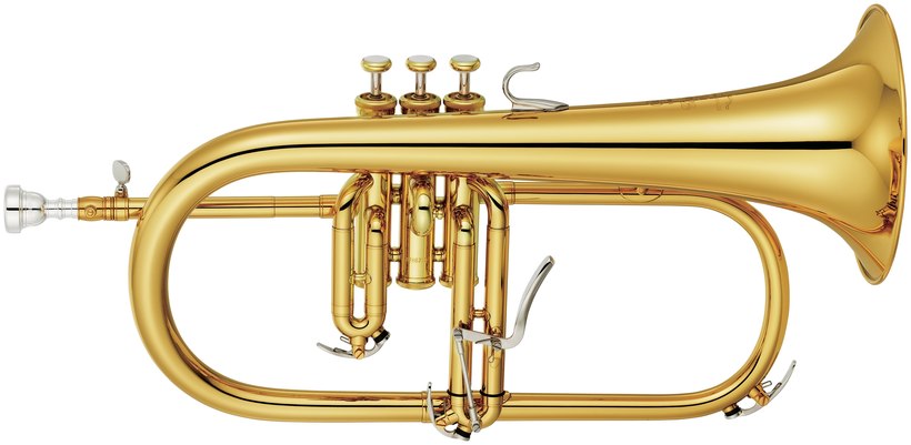 Un fliscorno (flugelhorn) de latón, más compacto y con la campana más ancha que la trompeta