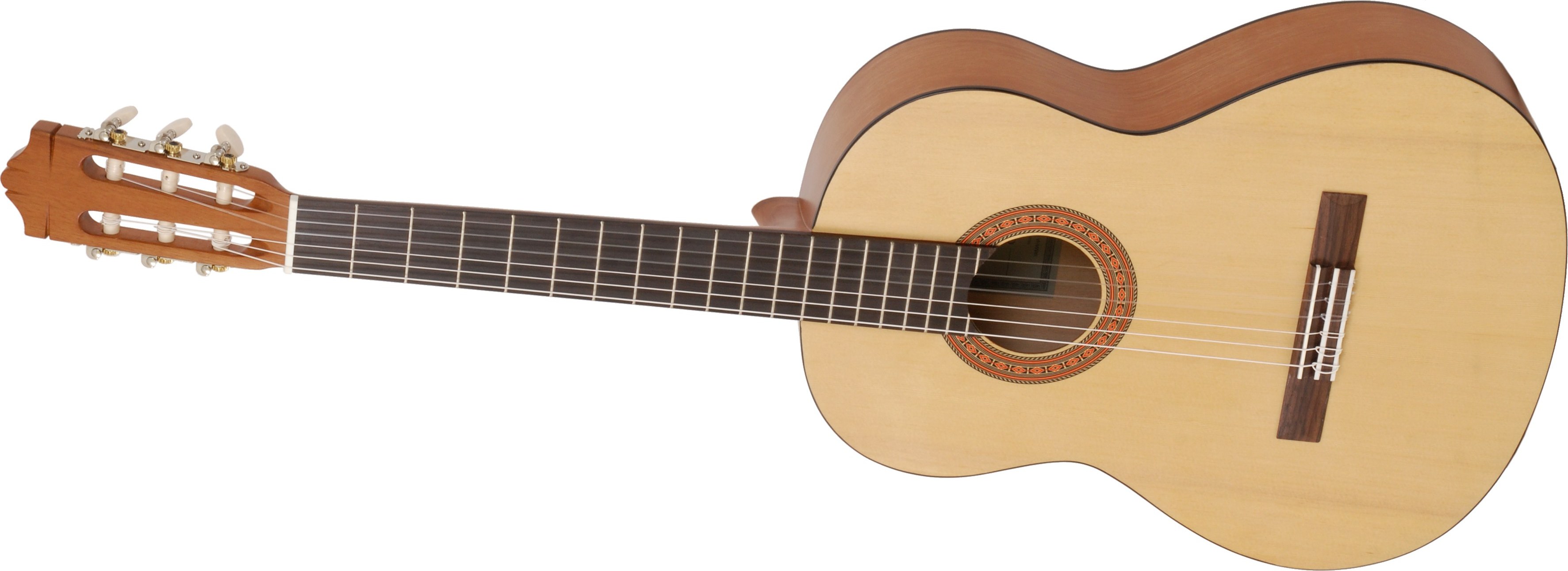 Una guitarra clásica en horizontal: el clavijero a la izquierda, el mástil con trastes, la boca y la caja de resonancia a la derecha