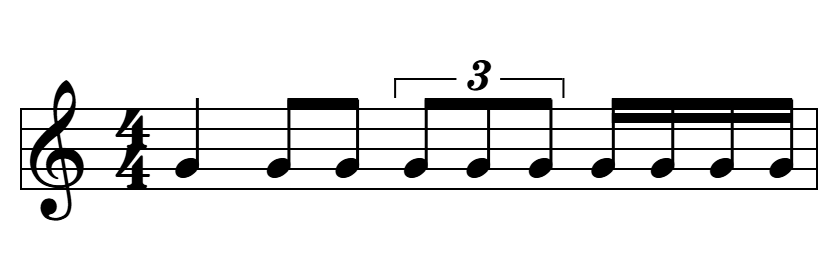 Ejercicio de metrónomo: pirámide de subdivisiones en un compás de 4/4: negra, dos corcheas, tresillo y cuatro semicorcheas sobre la misma nota