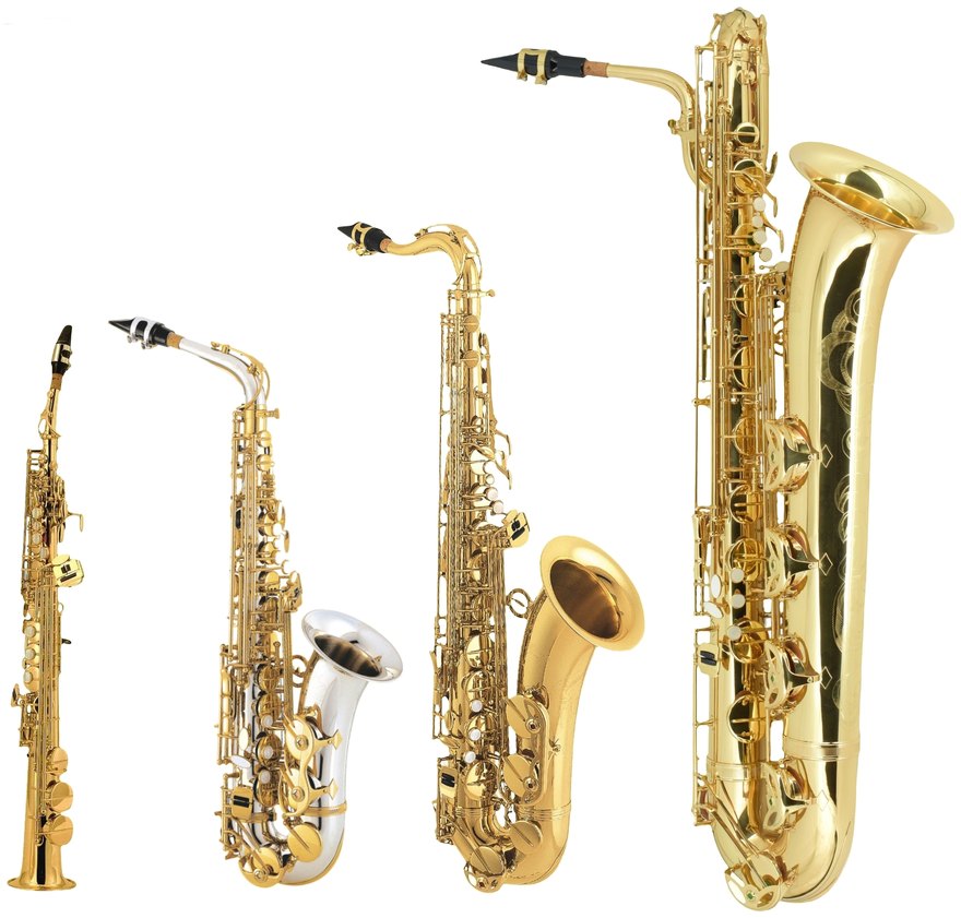 Los cuatro saxofones juntos, de menor a mayor: soprano recto, alto, tenor y barítono
