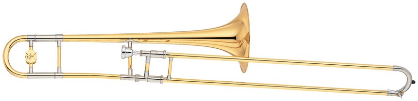 Un trombón tenor de latón con la vara extendida, la boquilla a la izquierda, la campana a la derecha y el transpositor (llave giratoria) junto a la campana