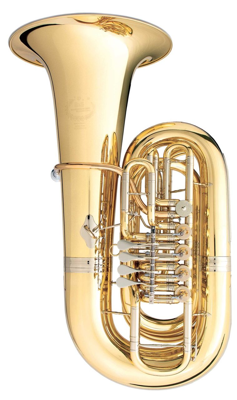 Una tuba en Do vertical, con la campana grande arriba y el bloque de válvulas en el centro