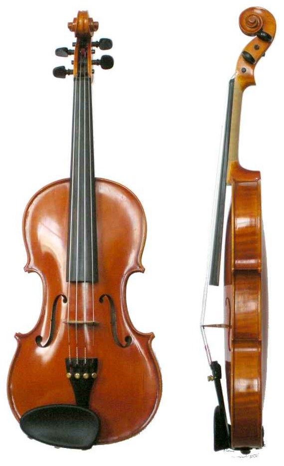 Un violín visto de frente y de perfil: la caja de resonancia, las cuatro cuerdas, el mástil sin trastes y el clavijero