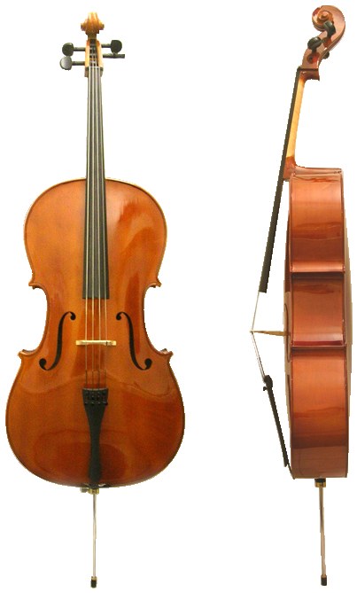 Un violonchelo de frente y de perfil, con la pica saliendo por abajo